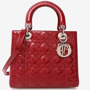 ❤️Dior Red Patent Quilted Lady Dior Satchel with Silver Hardware